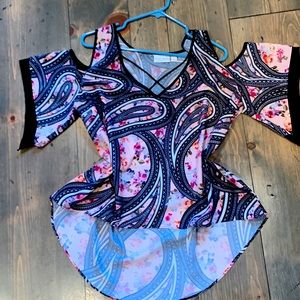 Black and tan flowered Cold shoulder blouse